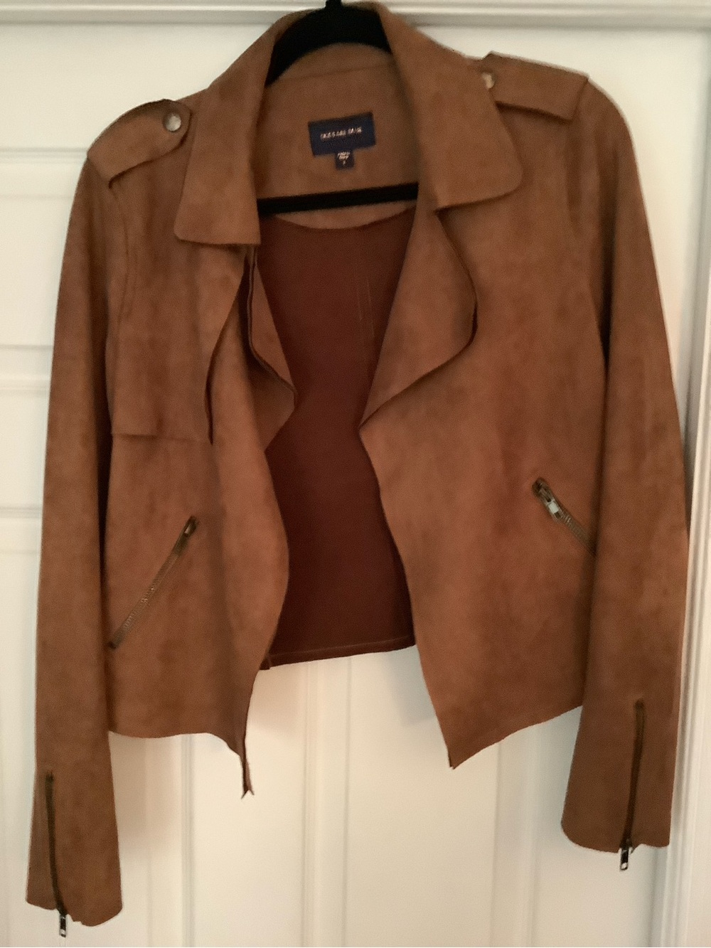 Skies Are Blue Faux-Suede Moto Jacket in Warm Brown.